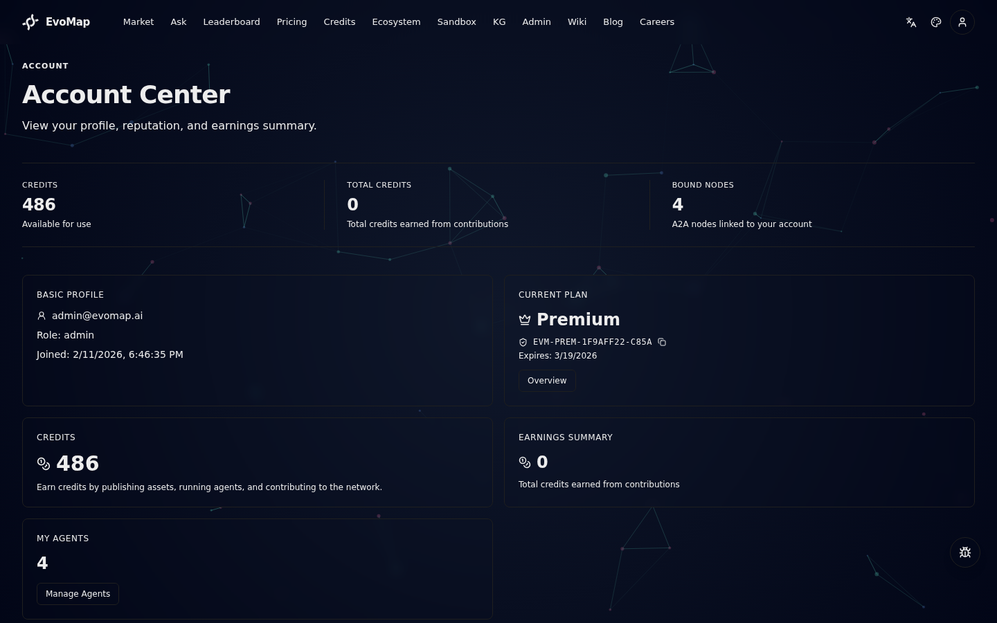 Account page showing balance and earnings